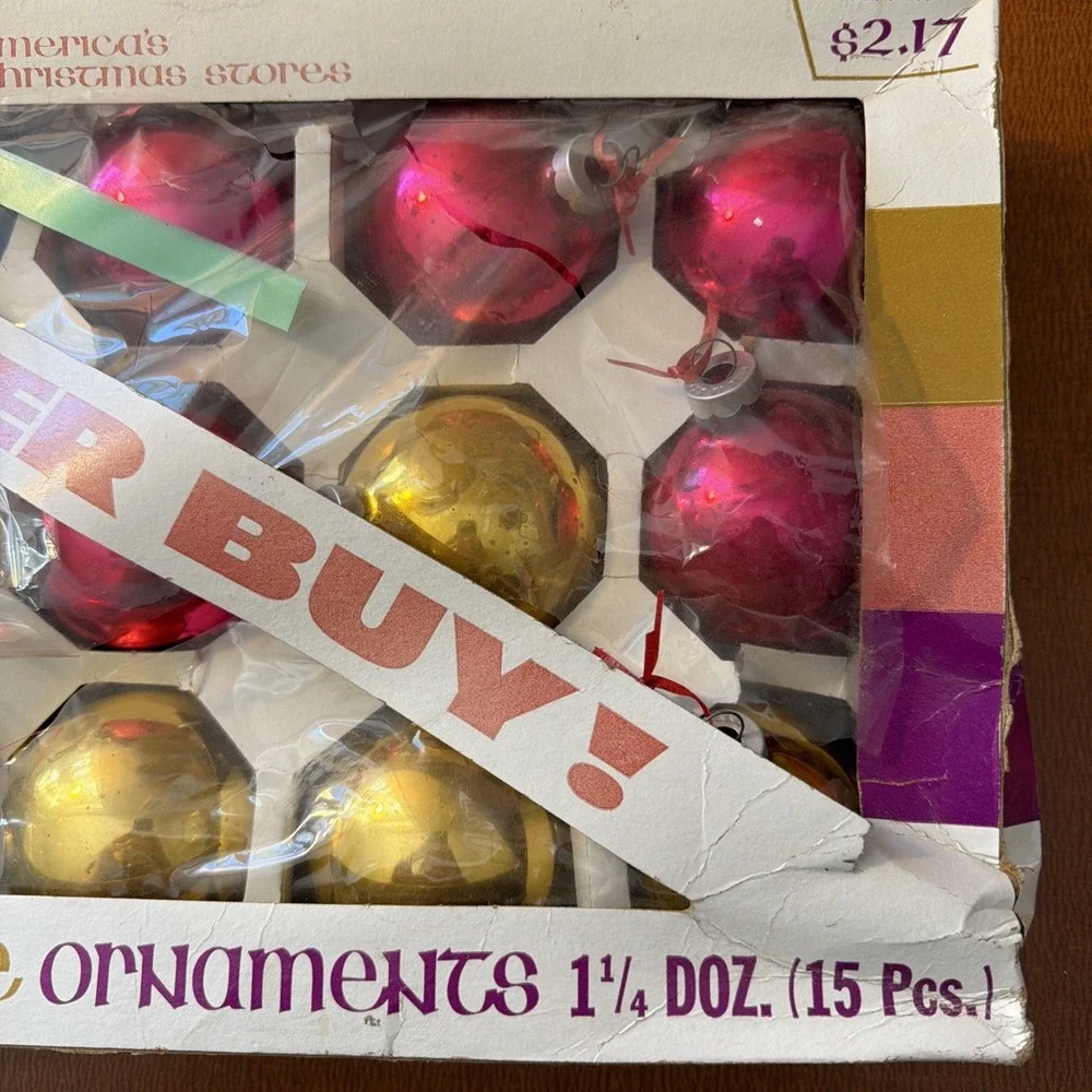 Vtg MCM Woolworth Woolco Multi Colored Glass Ornaments 15 In Box